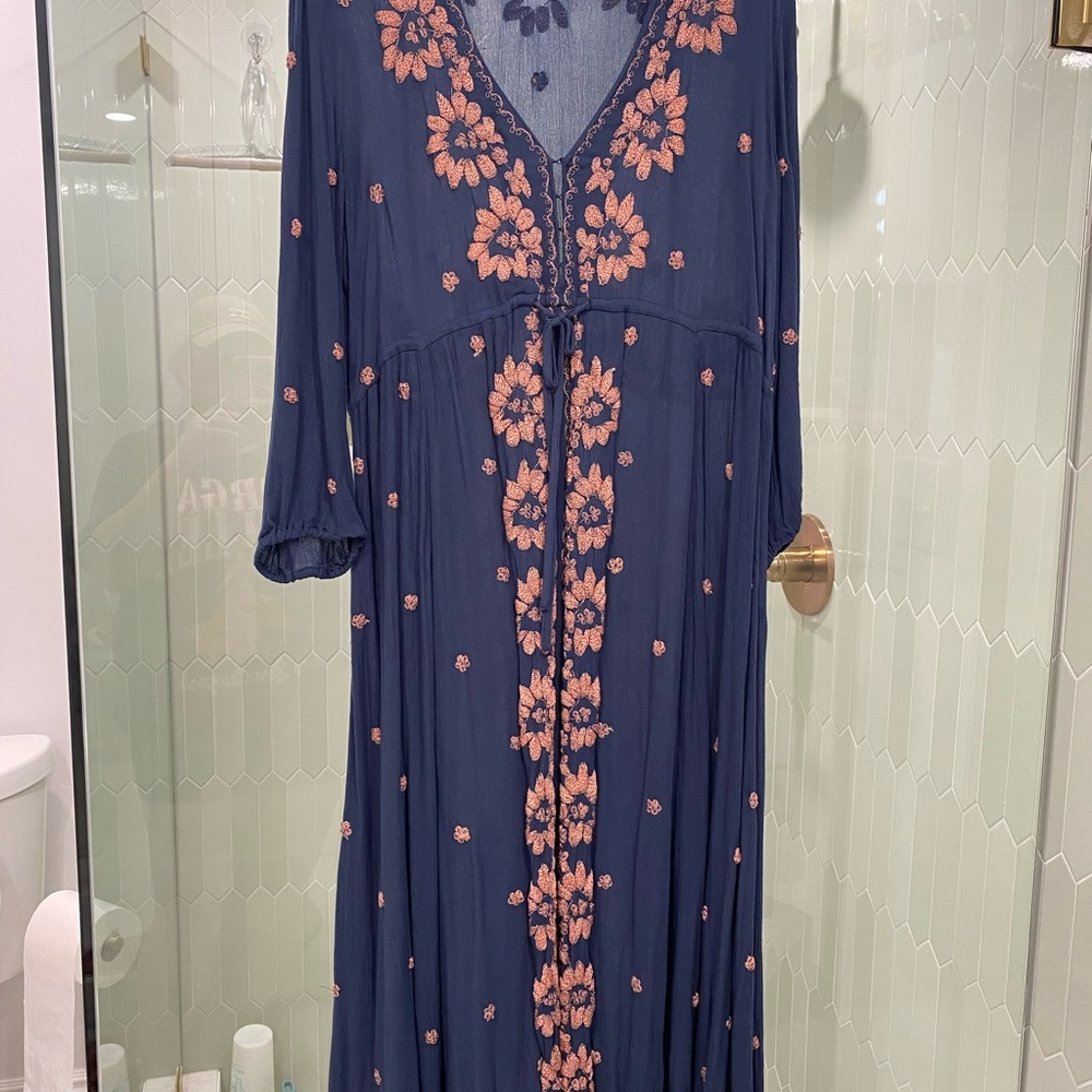 Free People Navy and Coral Floral Midi Dress